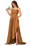 Women's Long Satin Bridesmaid Dresses Spaghetti Strap Halter Formal Evening Gown Ruffle High Low Wedding Guest Dress