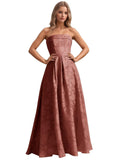 Jacquard Floral Prom Dresses Strapless Maxi Evening Gowns A-Line Ruched Formal Party Dress Elegant
