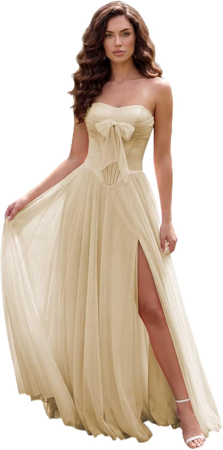 Strapless Chiffon Bow Prom Dresses 2026 Corset Chiffon Pleated A Line Formal Dress