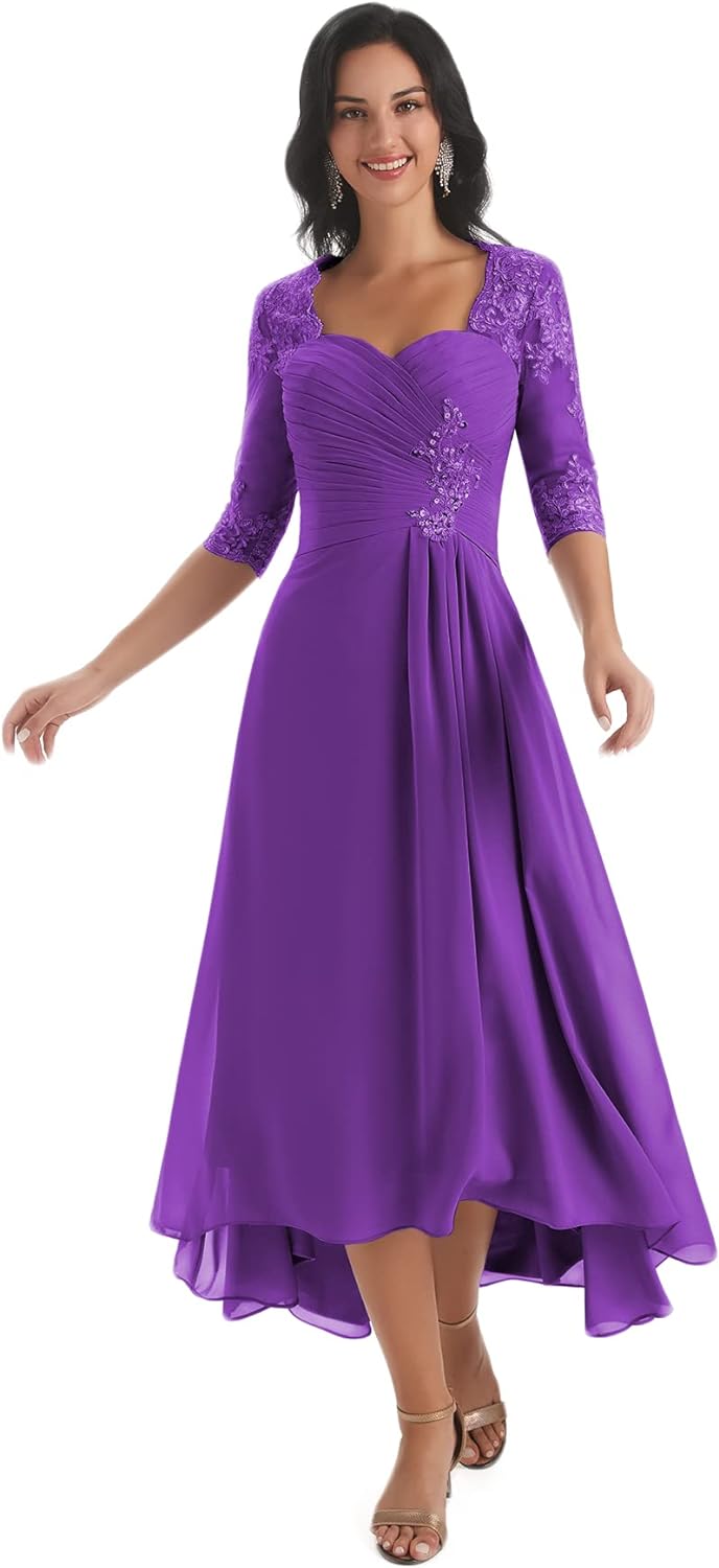 Women's Tea Length Mother of The Bride Dresses for Wedding Short Sleeves Lace Applique Formal Evening Prom Gowns