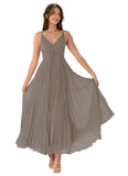 V-Neck Pleated Bridesmaid Dresses for Women Chiffon Spaghetti Straps Pleates Long Formal Wedding Guest Dress