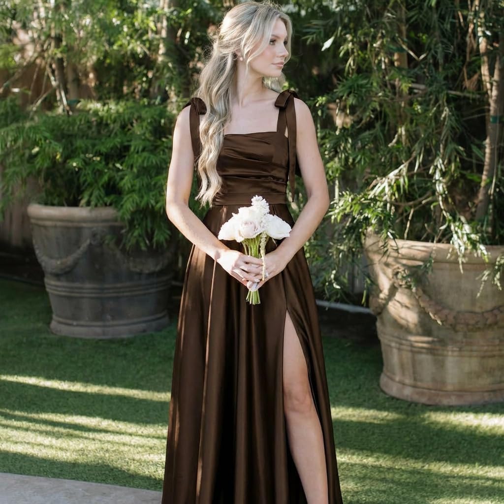 Satin Bridesmaid Dresses with Slit Spaghetti Straps Square Neck Long Formal Evening Dress