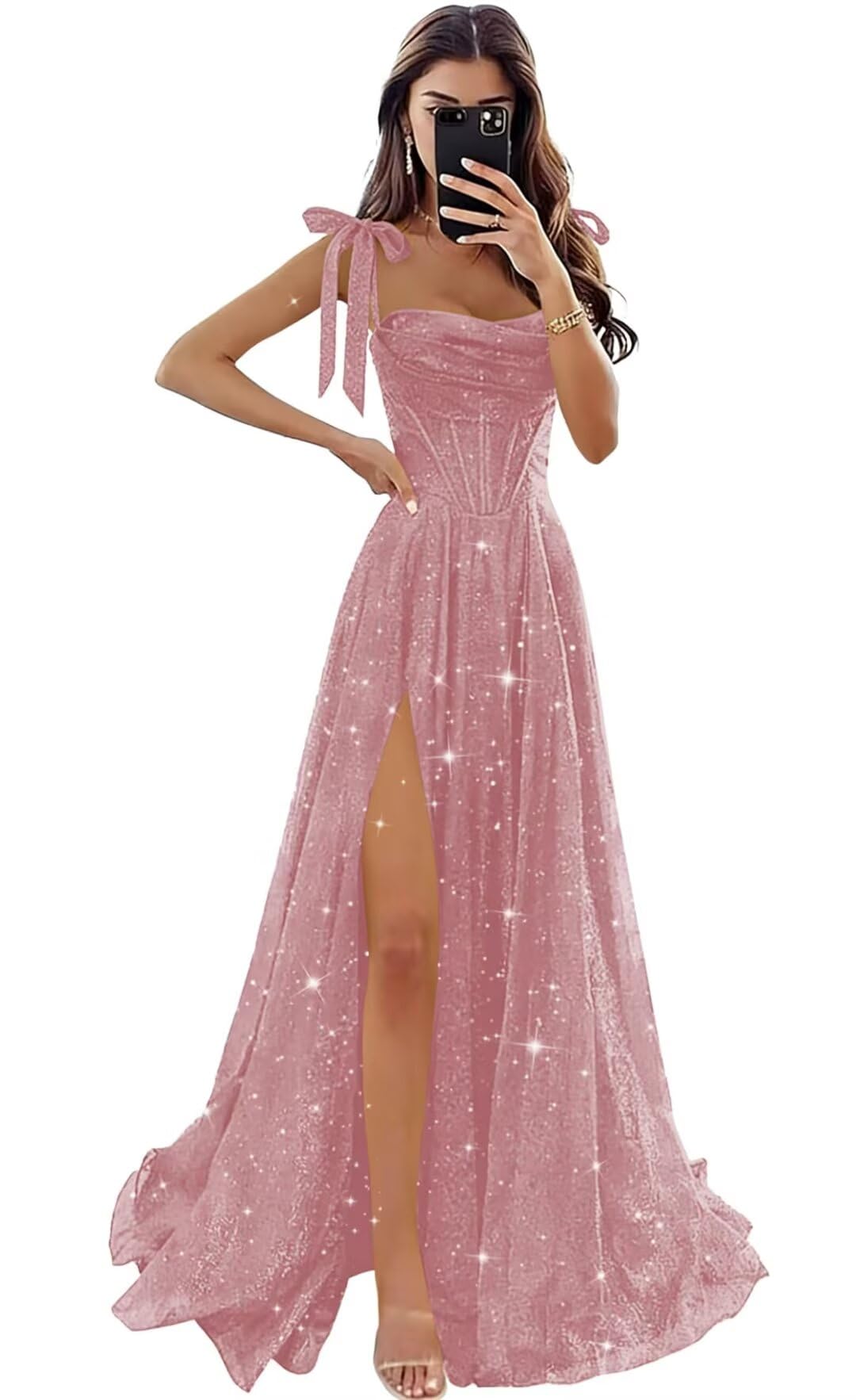 Tulle Prom Dresses with Slit Spaghetti Straps A Line Maxi Long Formal Dress