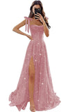 Tulle Prom Dresses with Slit Spaghetti Straps A Line Maxi Long Formal Dress