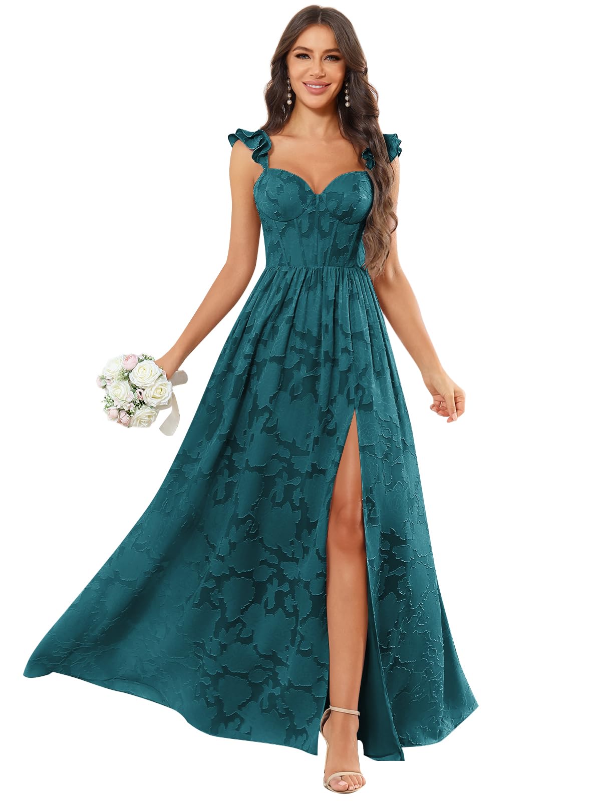 Chiffon Floral Bridesmaid Dresses with Slit Sleeveless Corset Ruffle A Line Long Formal Evening Gowns for Wedding