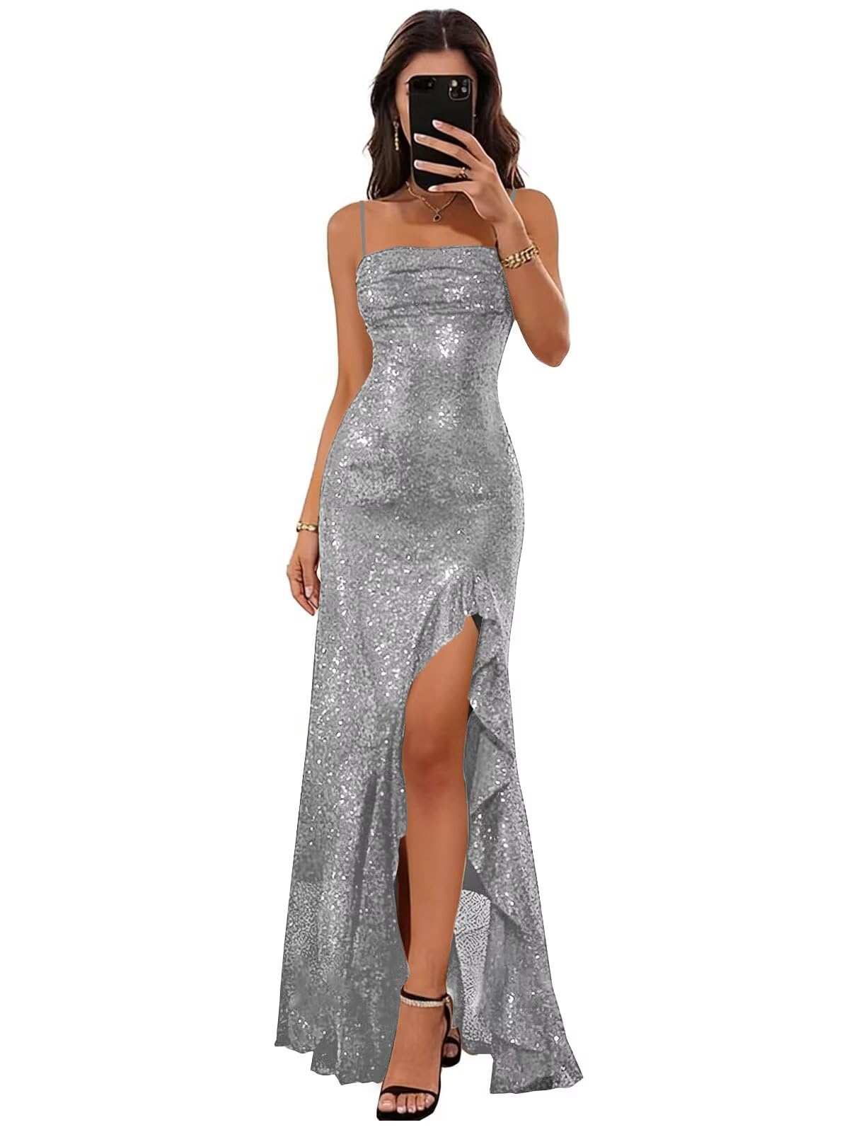 Sparkly Sequin Spaghetti Straps Prom Dresses 2026 Long Ruffles Pleated Formal Evening Dress with Slit