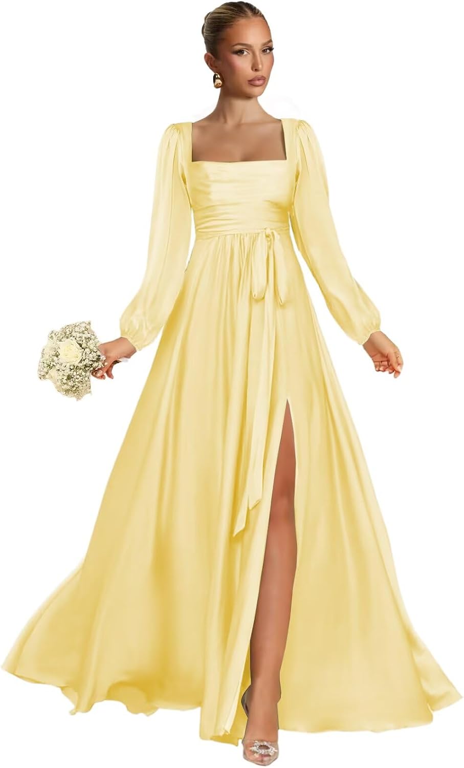 Satin Bridesmaid Dresses with Slit Long Sleeve Square Neck A Line Maxi Formal Dress