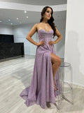 Women's Spaghetti Straps Glitter Tulle Prom Dress with Slit Cowl Neck Long Evening Formal Party Gown