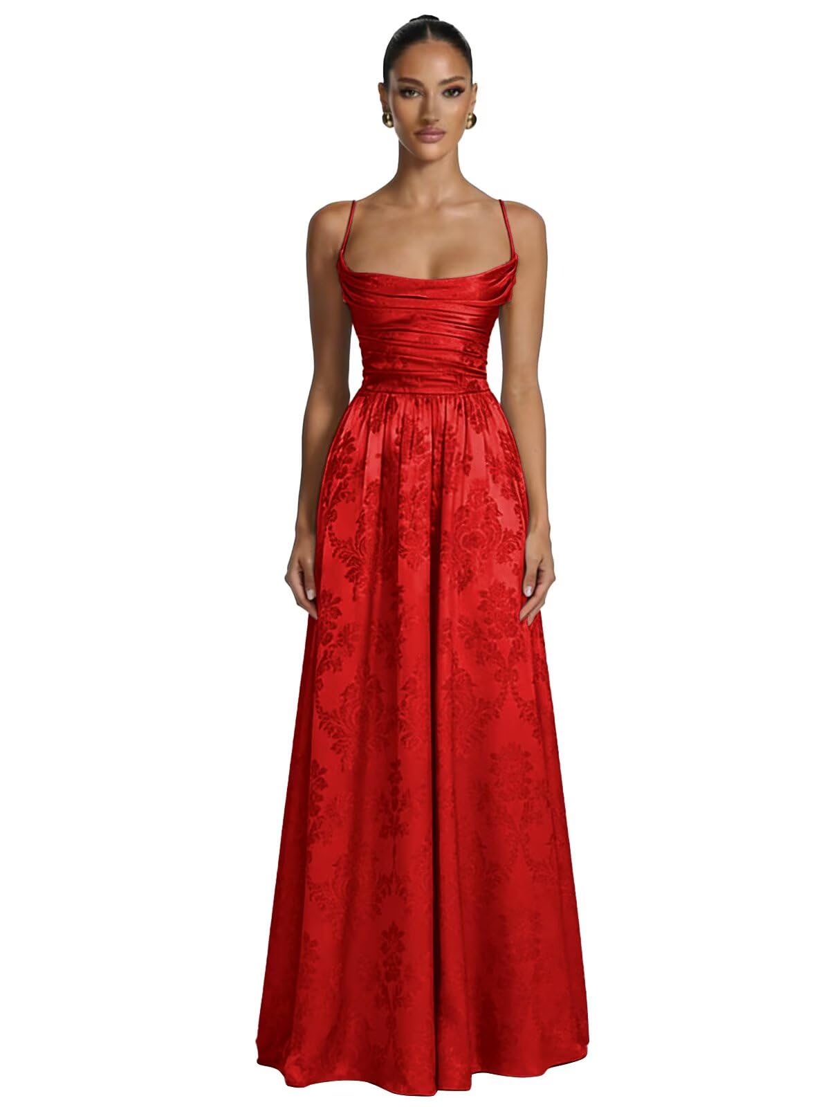 Floral Jacquard Prom Dresses for Women Spaghetti Straps A Line Satin Cowl Neck Formal Evening Party Dress