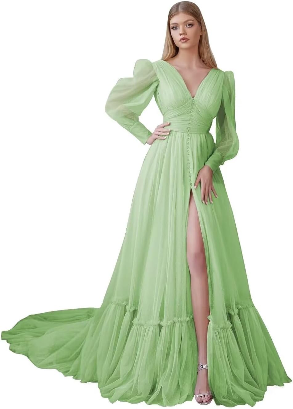 Puffy Sleeve Tulle Prom Dresses Long Ball Gown with Slit for Women 2027 V Neck Long Formal Evening Gowns