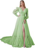 Puffy Sleeve Tulle Prom Dresses Long Ball Gown with Slit for Women 2027 V Neck Long Formal Evening Gowns