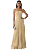 Strapless Prom Dresses for Women Long A Line Cocktail Dress Pleated Chiffon Formal Wedding Guest Dress