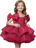 Sparkly Sequin Puffy Flower Dresses Short Girls A Line Princess Bow Knot Birthday Party Dress