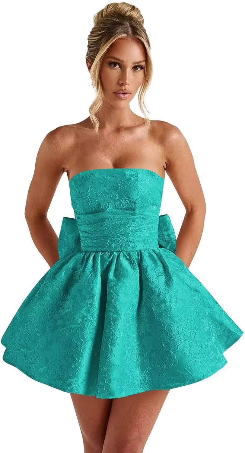 Strapless Satin Homecoming Dresses for Teens 2027 Jacquard A-line Short Prom Cocktail Gowns with Bow