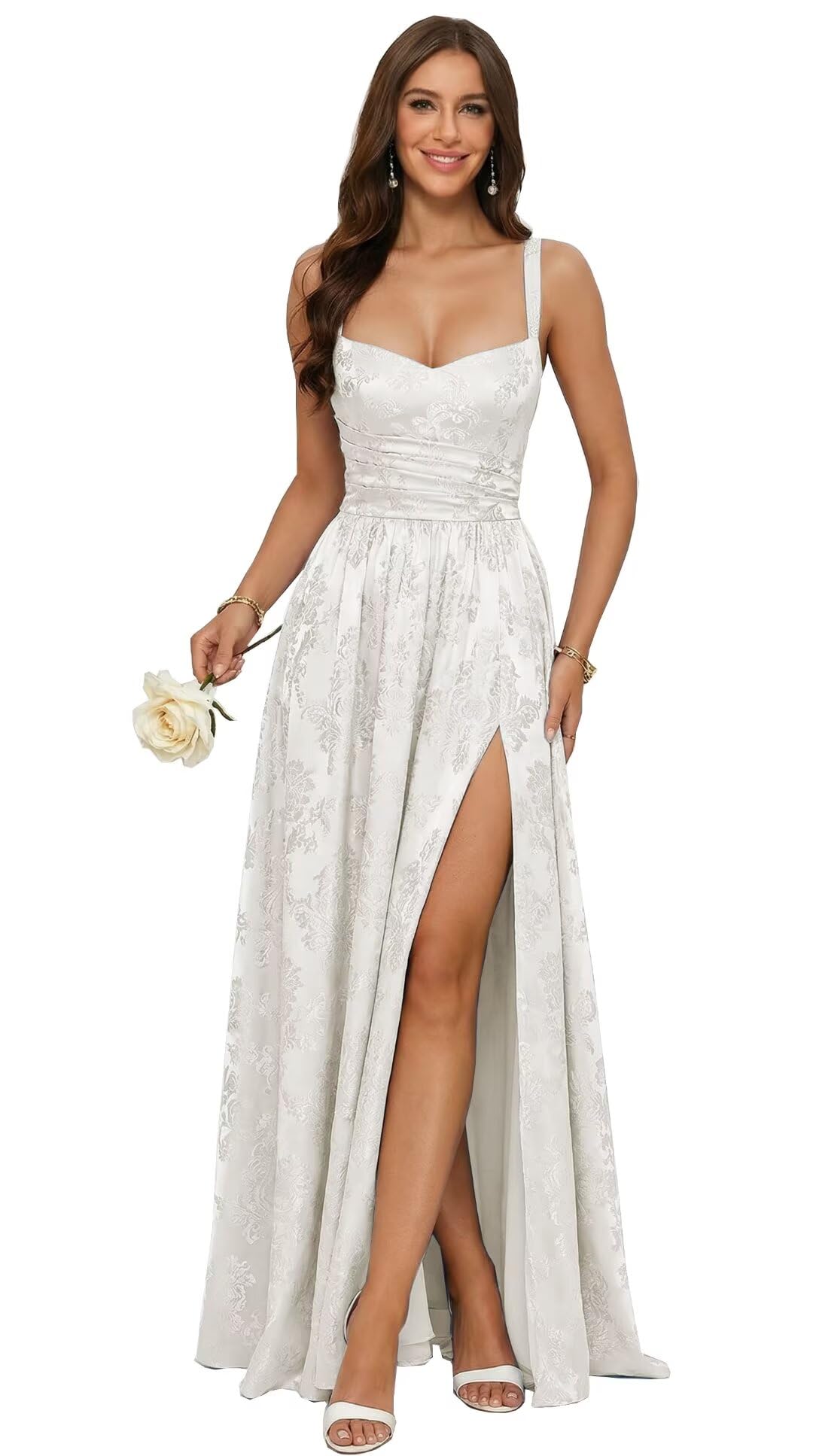 Jacquard Satin Prom Dresses with Slit Spaghetti Straps A Line Maxi Long Formal Dress