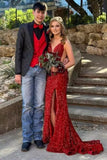 Sparkly Mermaid Sequin Prom Dresses for Women Long Spaghetti Straps V-Neck Formal Evening Party Gowns with Slit