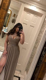 Women's Lace Appliqued Chiffon Prom Dresses Long with Slit Spaghetti Straps V Neck Formal Party Gowns