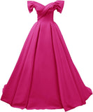 Off Shoulder Satin Prom Dresses for Women V-Neck Elegant A-Line Long Pleated Formal Evening Gown