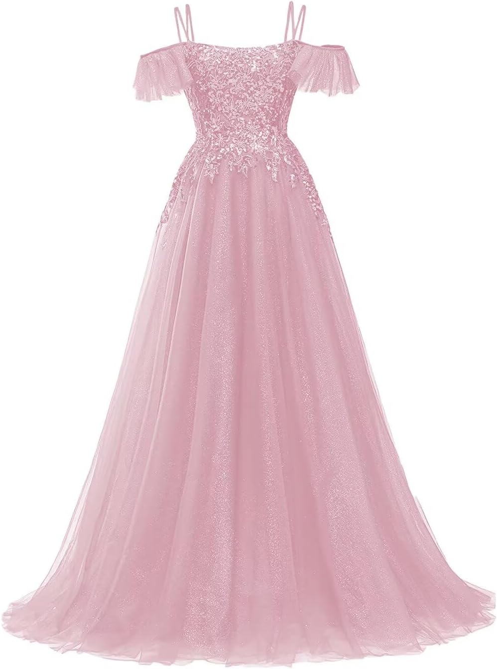 Off Shoulder Tulle Ball Gowns for Women Lace Appliques Beaded Prom Dress Sparkly Long A-line Evening Gowns