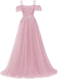 Off Shoulder Tulle Ball Gowns for Women Lace Appliques Beaded Prom Dress Sparkly Long A-line Evening Gowns