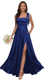Satin Bridesmaid Dresses with Slit Spaghetti Straps Square Neck Long Formal Evening Dress