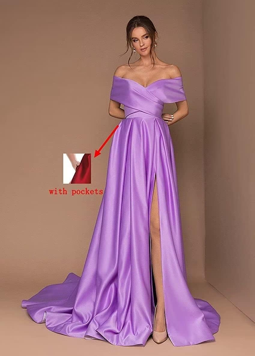 Women's Off Shoulder Long Prom Dresses with Slit 2025 Satin A-Line Sweetheart Corset Formal Evening Dresses with Pockets