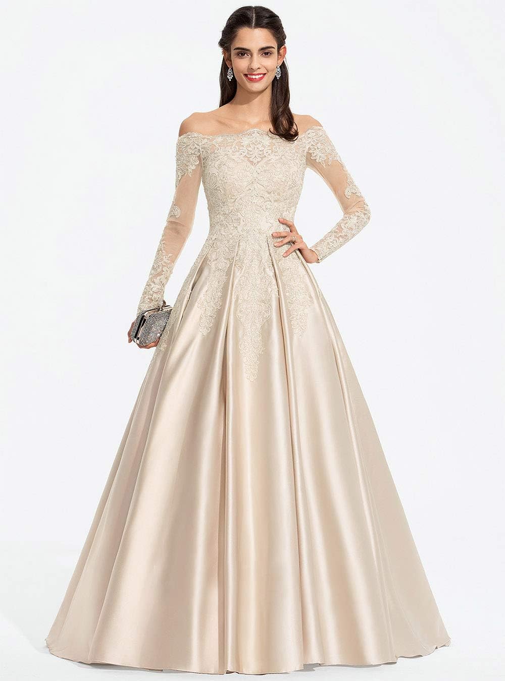 Vestidos de fiesta formales de satén con apliques de encaje y hombros descubiertos para mujer, con mangas largas