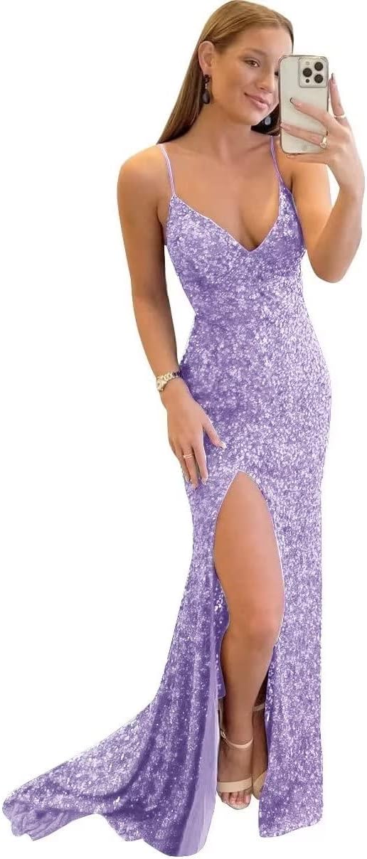 Vestido de fiesta con tirantes finos y lentejuelas, vestido de noche de sirena brillante con abertura, vestidos largos para mujer 2024 