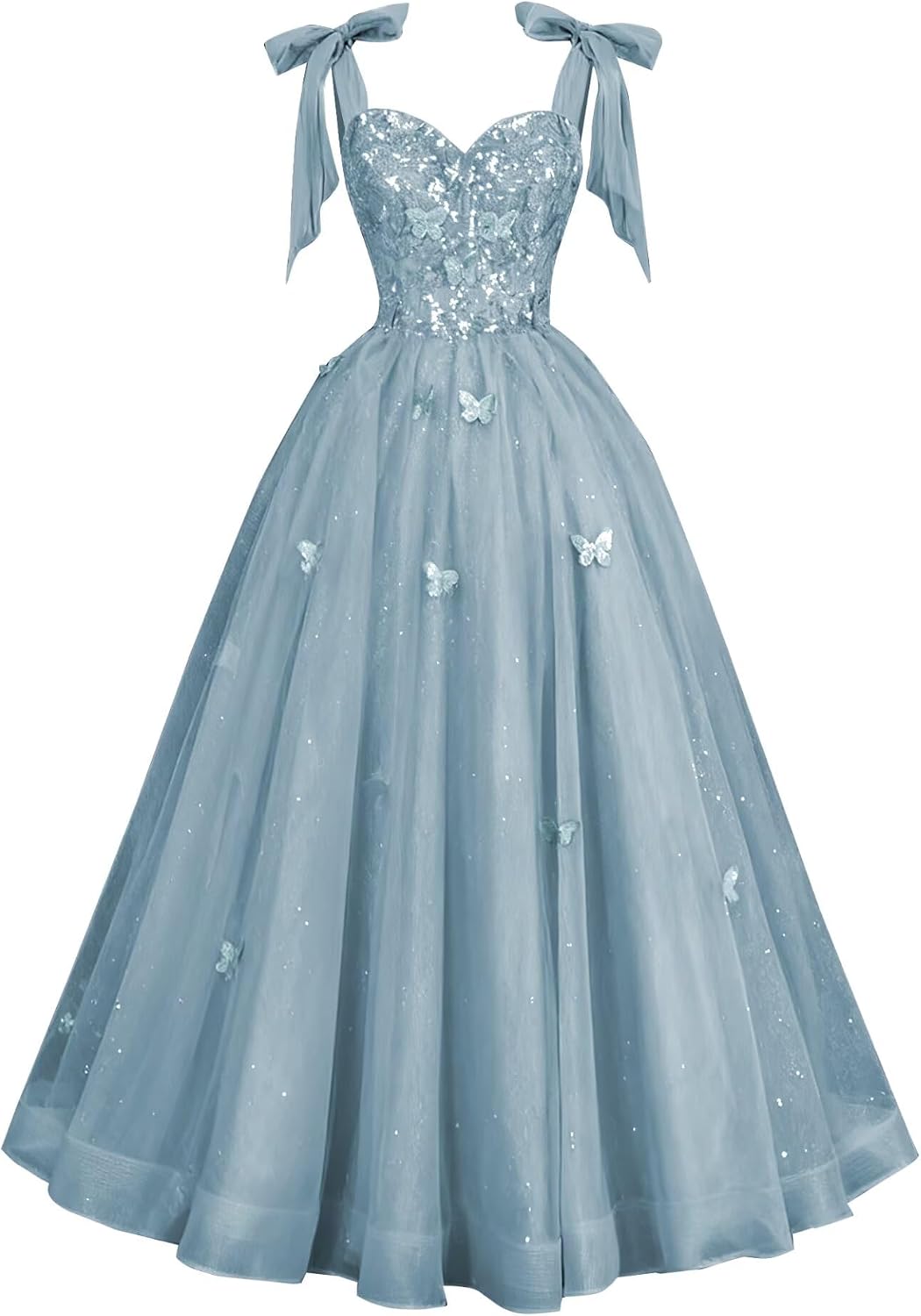 Glitter Tulle Prom Dress for Teens 3D Butterfly Long Ball Gowns Sequin Princess Quinceanera Dresses with Bow