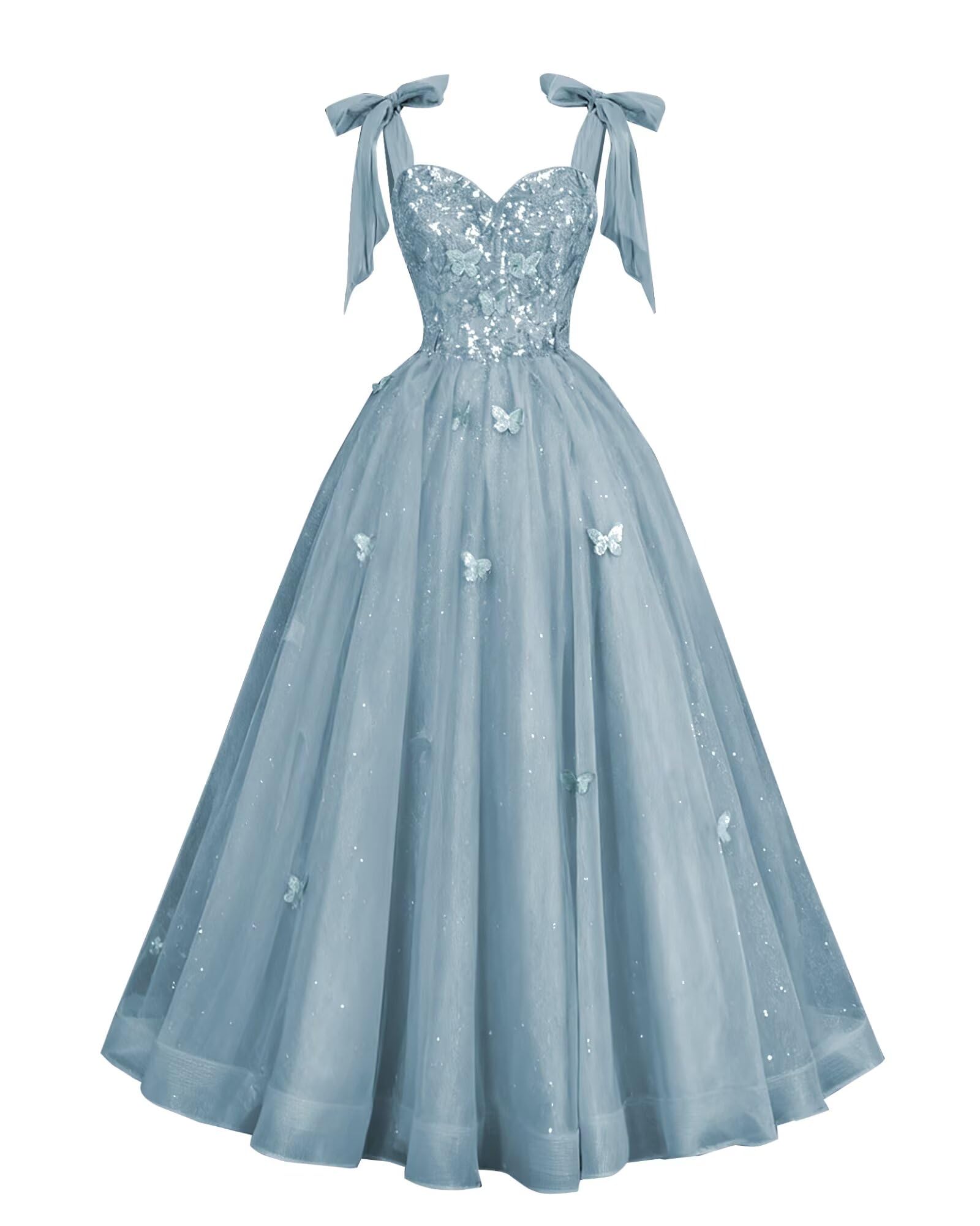 Glitter Tulle Prom Dress for Teens 3D Butterfly Long Ball Gowns Sequin Princess Quinceanera Dresses with Bow