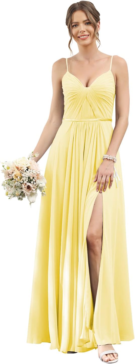 Vestidos de dama de honor largos con tirantes finos y bolsillos, plisados, formales, de noche, con abertura 