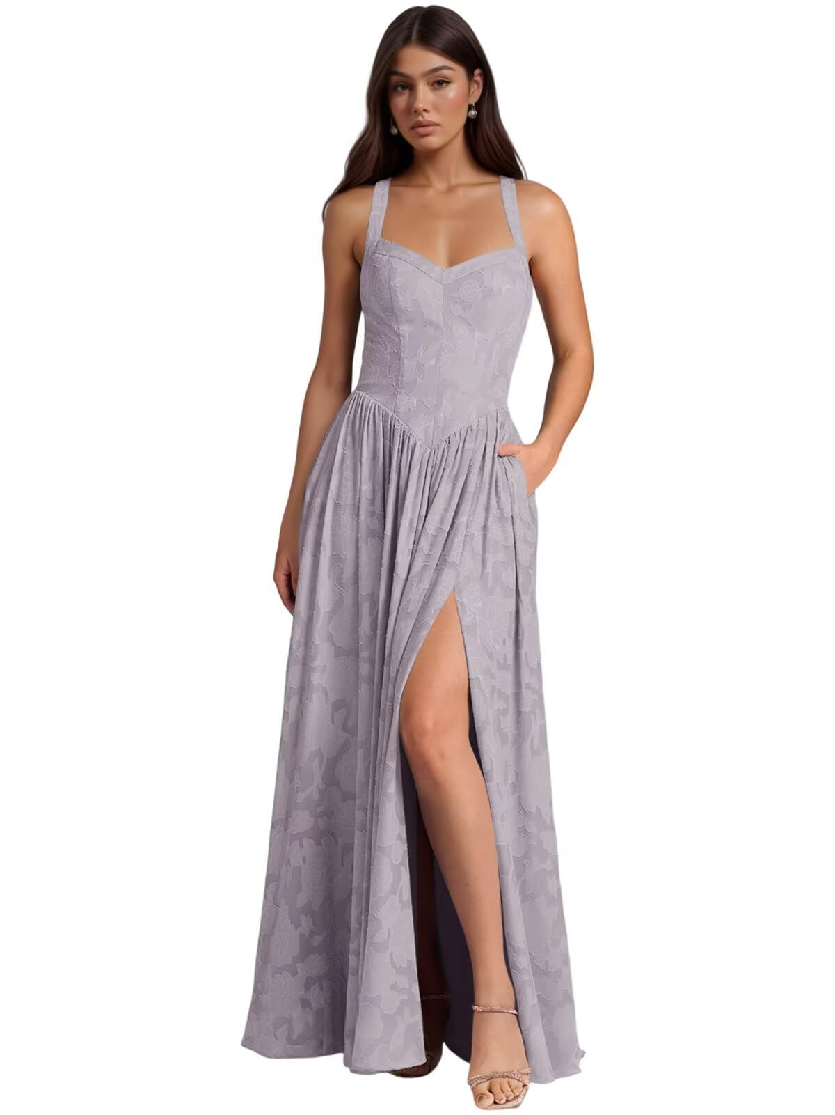 Jacquard Floral Lace Wedding Guest Dress Long Slit A Line Bridesmaid Dresses with Pockets Formal Gown