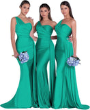 Women's One Shoulder Mermaid Bridesmaid Dresses Long Ruched Bodycon Satin Formal Prom Gowns