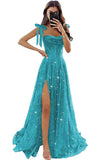 Tulle Prom Dresses with Slit Spaghetti Straps A Line Maxi Long Formal Dress