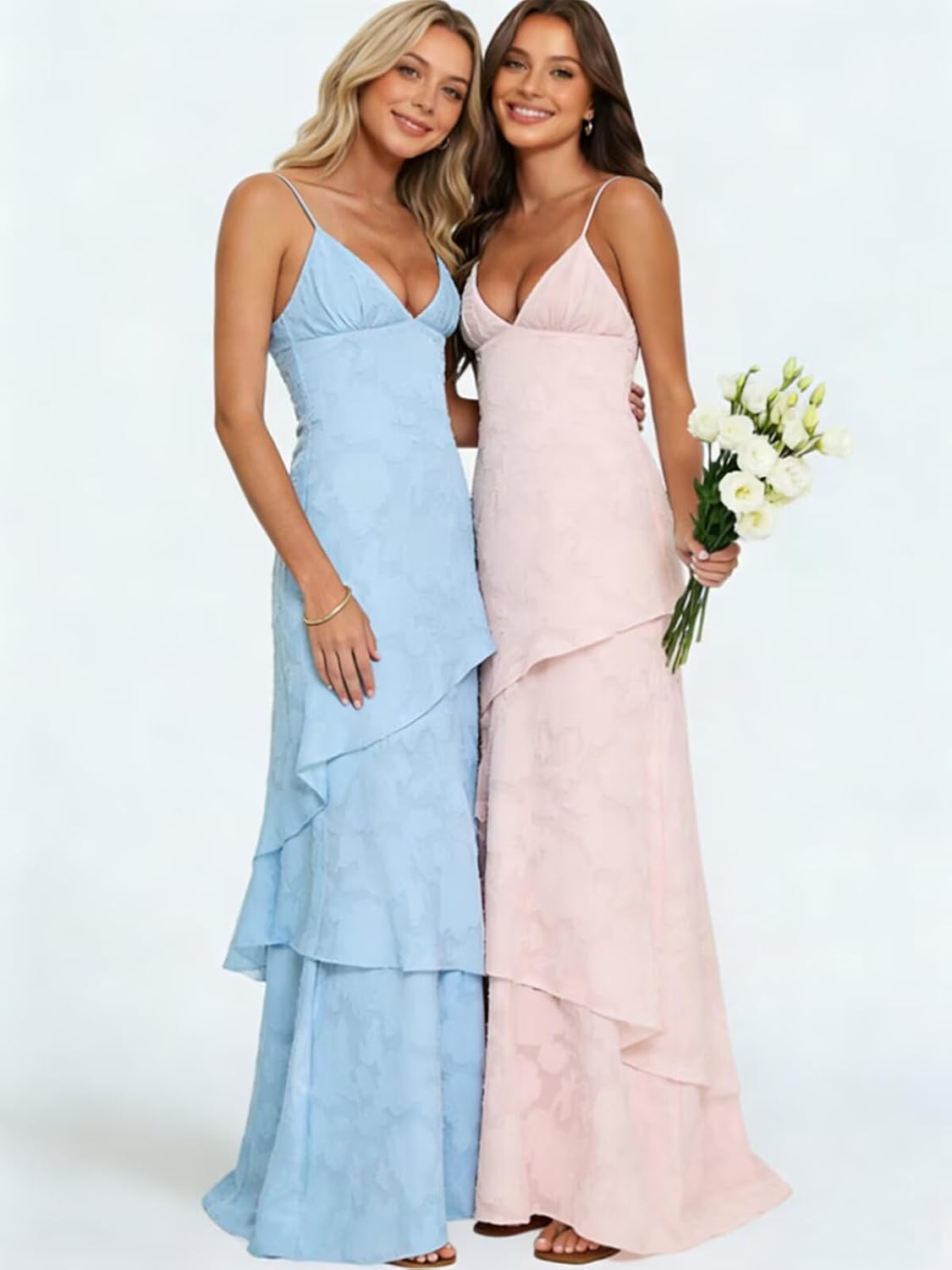 Spaghetti Strap Floral Bridesmaid Dresses for Women Tiered Ruffle A-Line Long Formal Prom Dress