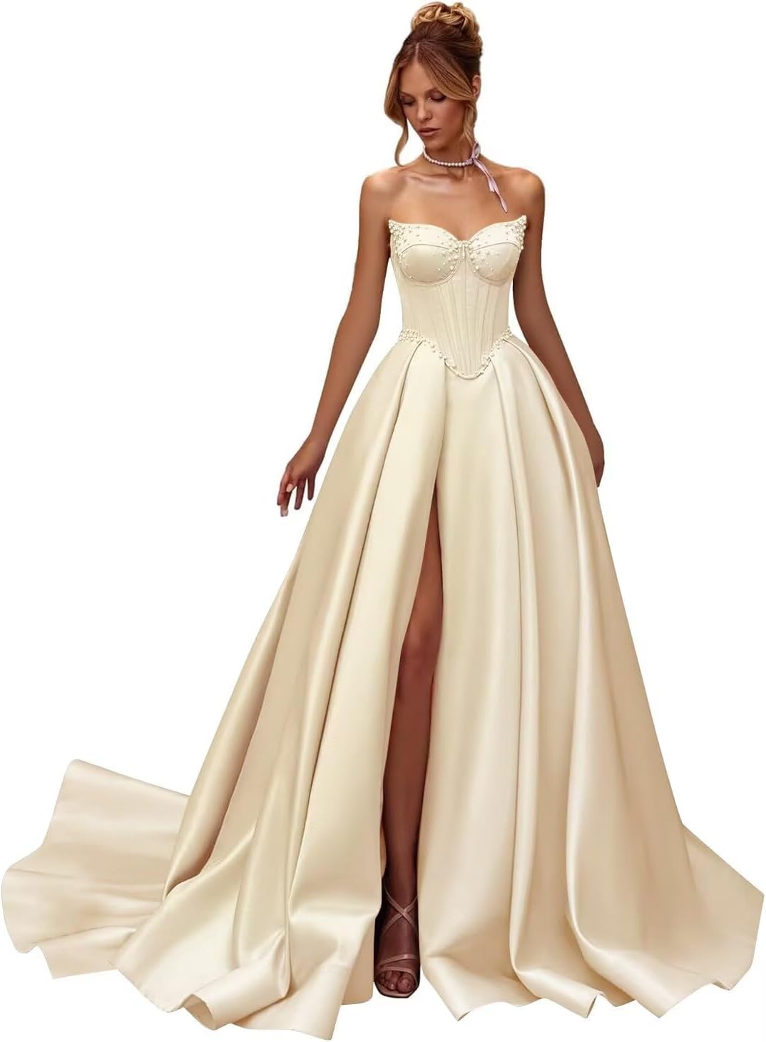 Kingbridal Gowns Strapless Prom Dresses for Women 2026 Long Satin A-line Formal Dress with Slit Beaded Corset Evening Party Gowns
