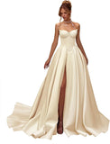 Kingbridal Gowns Strapless Prom Dresses for Women 2026 Long Satin A-line Formal Dress with Slit Beaded Corset Evening Party Gowns
