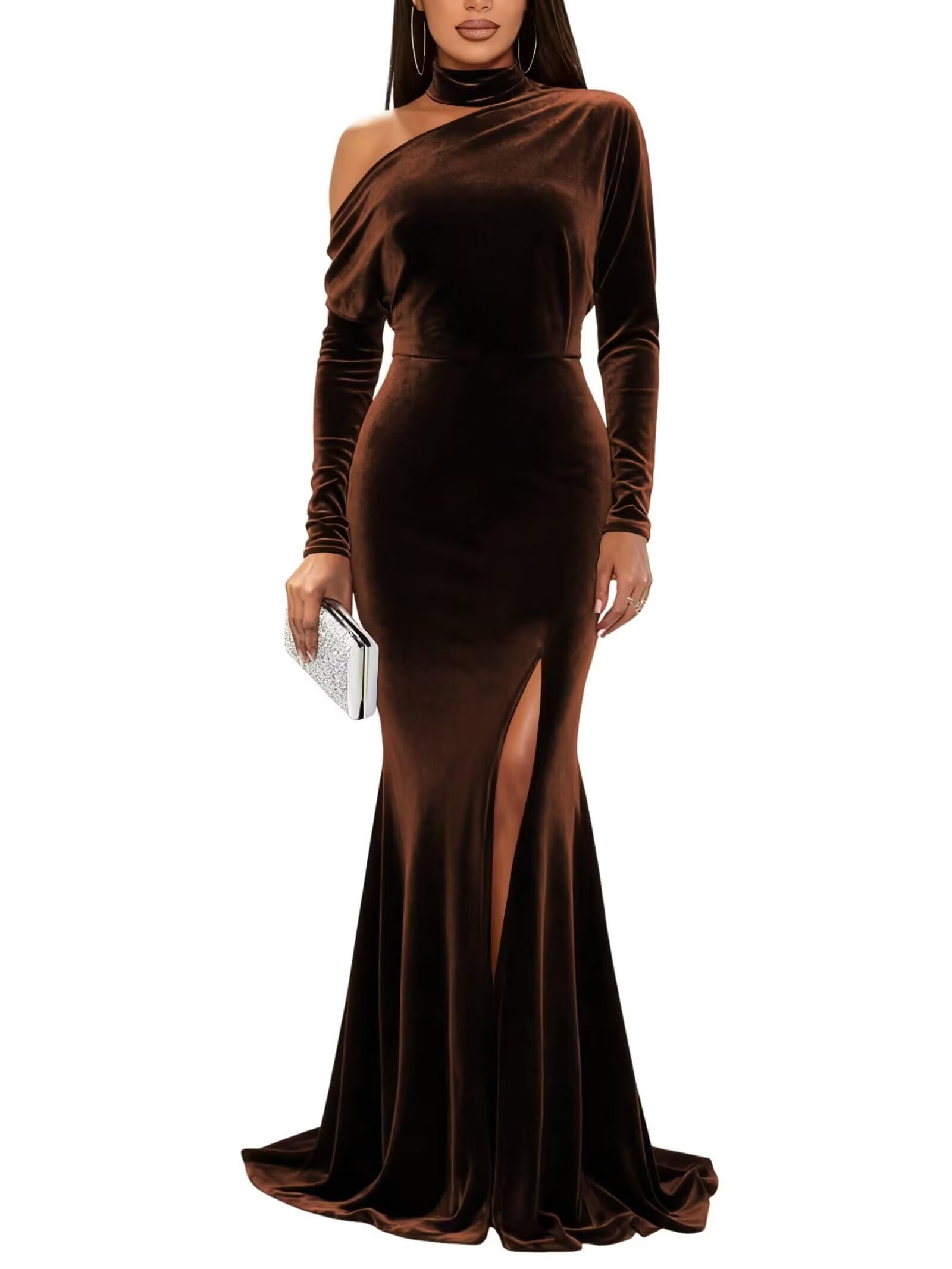 Mermaid Velvet Prom Dresses with Slit 2027 Long Sleeve Formal Dress for Women One Shoulder Evening Party Gowns