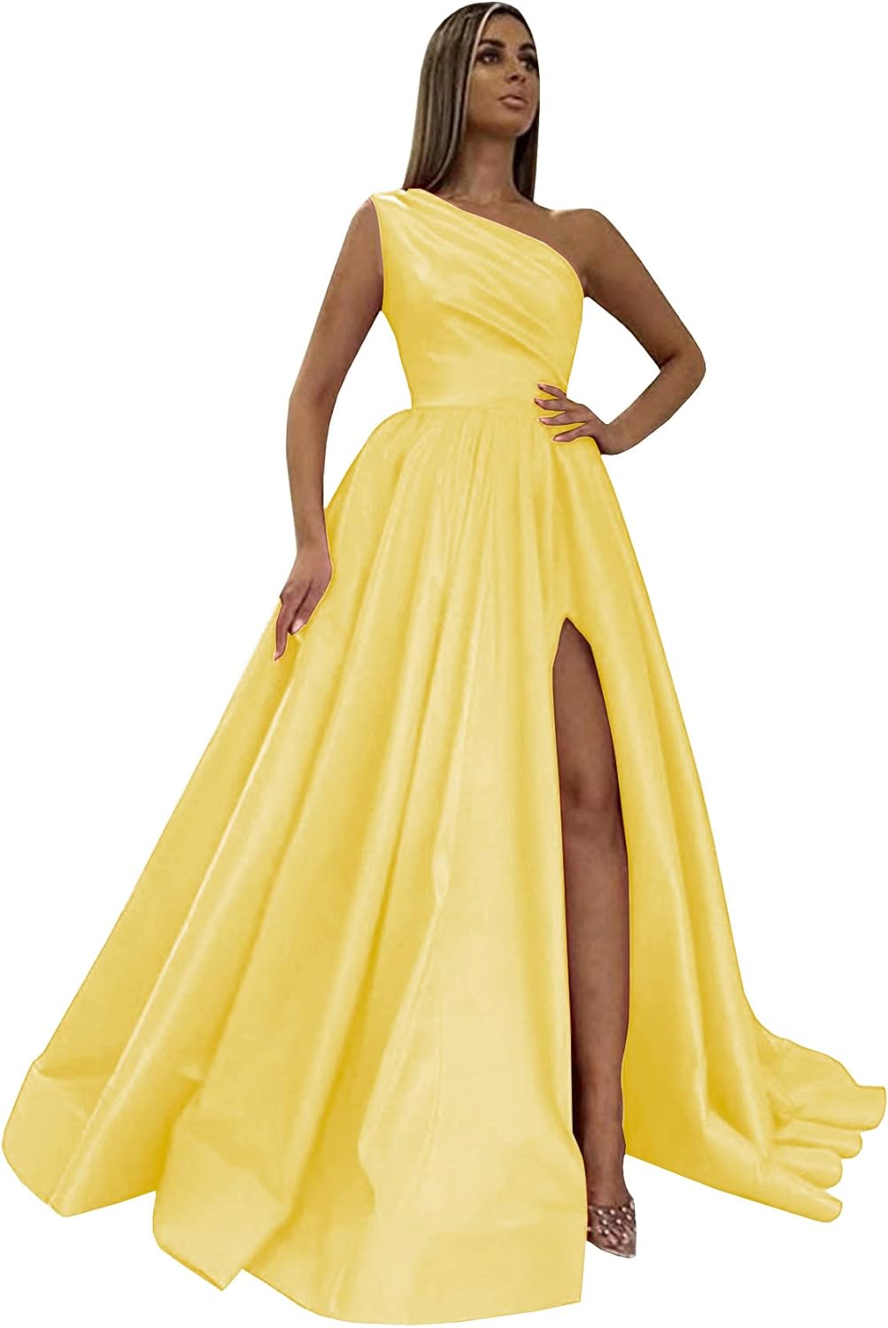 Women's One Shoulder Prom Dresses 2026 Long Slit Satin Formal Evening Gowns with Pockets