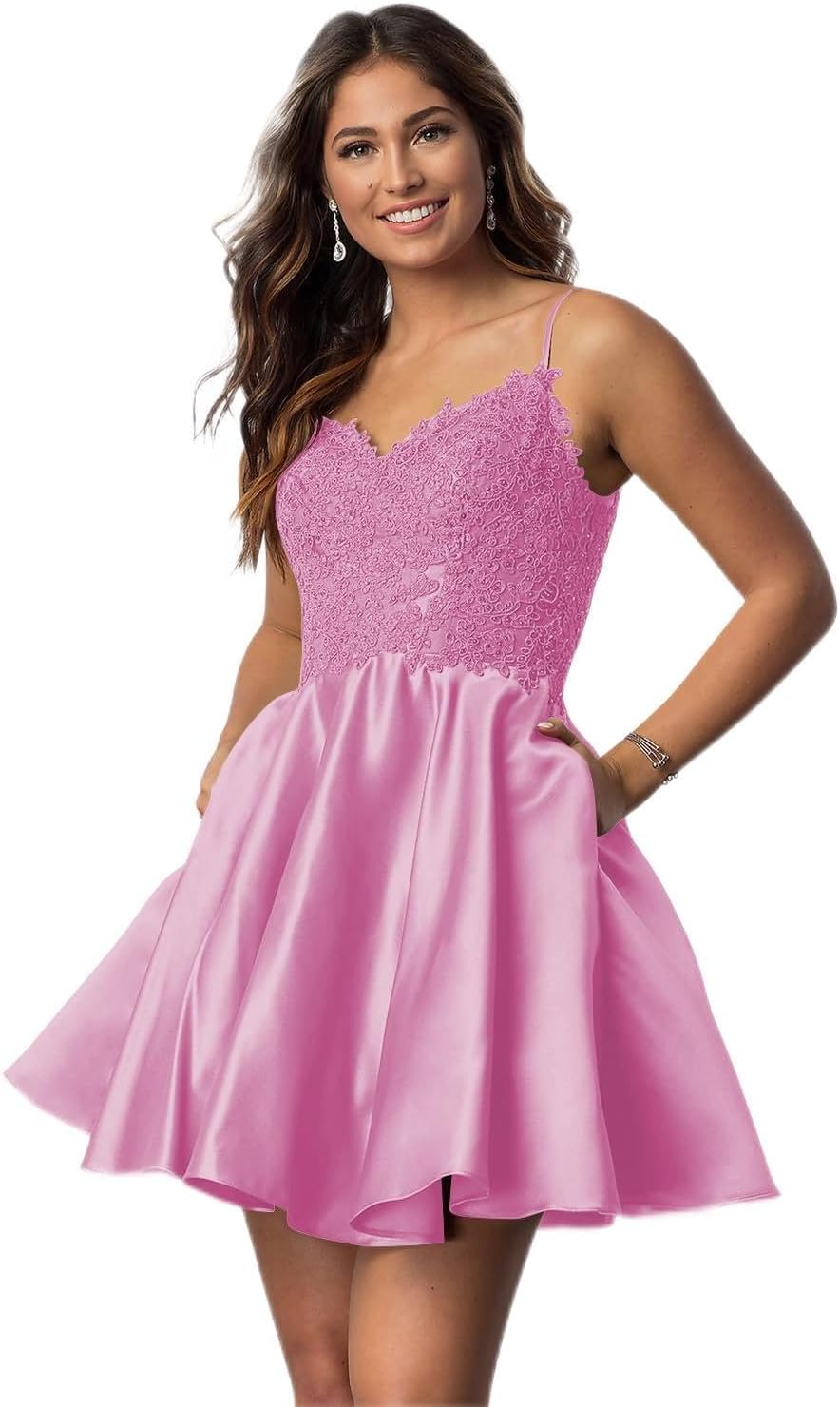 Vestidos cortos de fiesta con tirantes finos para jóvenes, con encaje, escote en V y bolsillos.