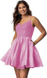 Vestidos cortos de fiesta con tirantes finos para jóvenes, con encaje, escote en V y bolsillos.