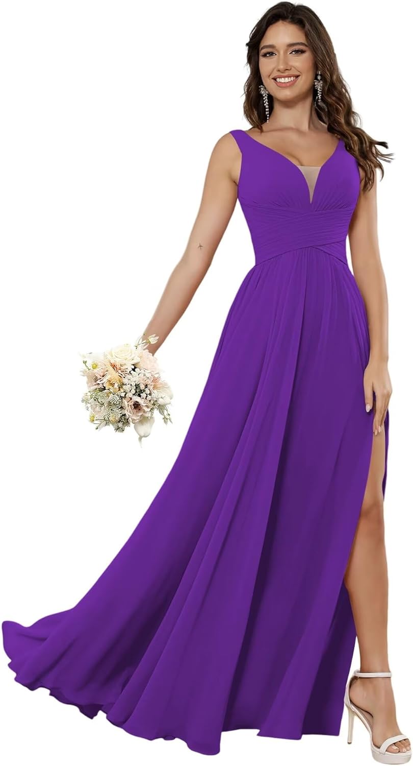 Vestidos de dama de honor sencillos de gasa para mujer con bolsillos, vestidos formales largos con escote en V y abertura 