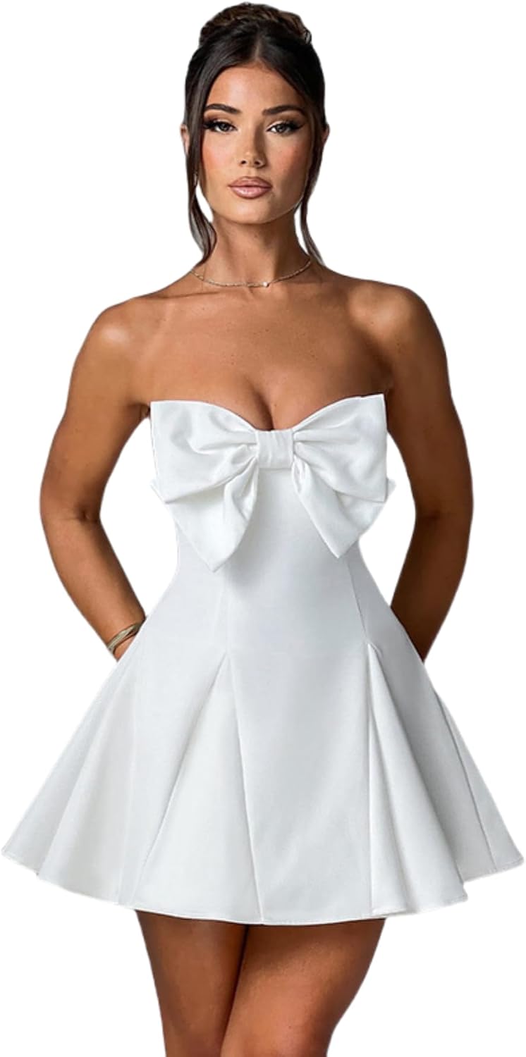 Women's Elegant Bow Strapless Homecoming Dress A Line Swing Tube Mini Dress Short Evening Party Prom Dress