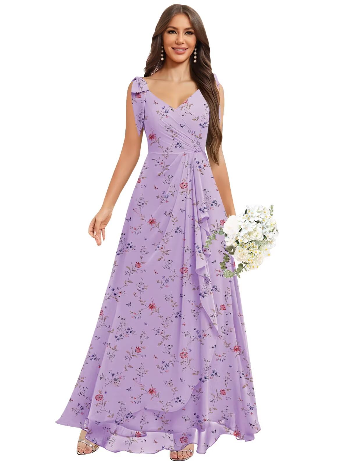 Chiffon Bridesmaid Dresses for Women Ruffles V Neck Flowy Long Formal Evening Dress with Bow