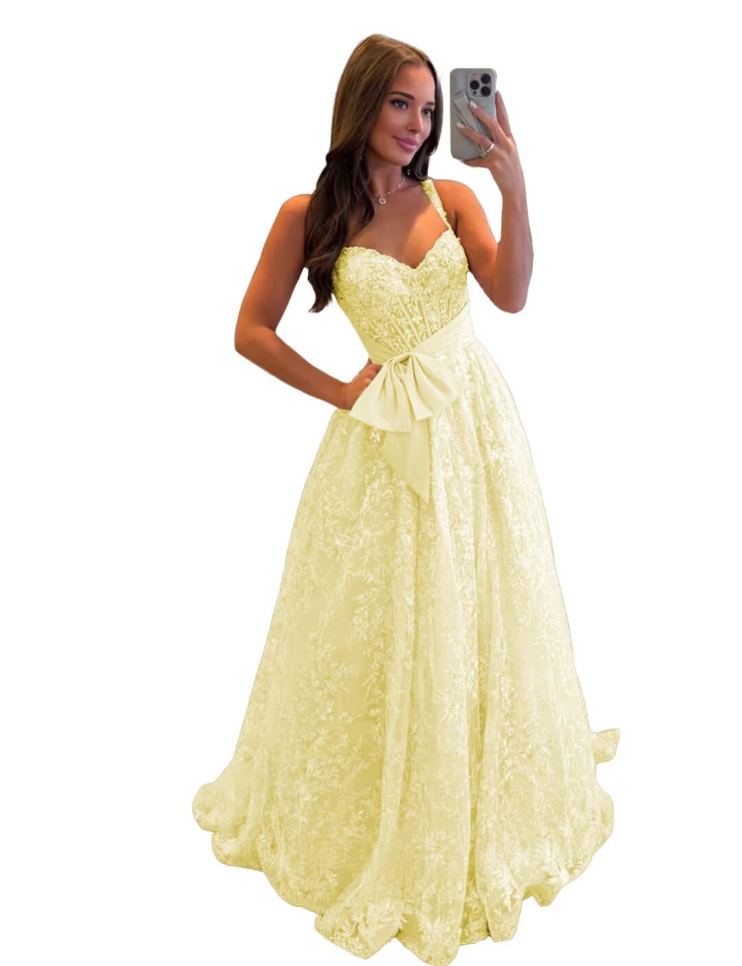 Lace Tulle Prom Dresses with Bow Appliques Corset A Line Long Formal Dress