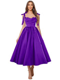 Satin Prom Dresses for Women Spaghetti Straps Corset A-Line Ball Formal Gowns Tea Length with Pockets