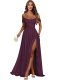 Women's Long Chiffon Bridesmaid Dresses with Slit Off Shoulder A-Line Formal Prom Evening Gown Maxi Wedding Guest Dress