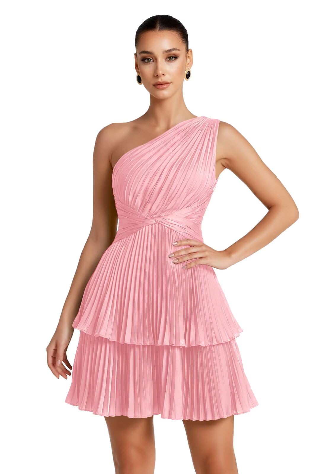 One Shoulder Satin Homecoming Dresses for Teens 2026 Short A-line Prom Dress Pleated Tiered Cocktail Party Gowns