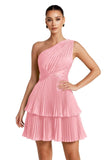 One Shoulder Satin Homecoming Dresses for Teens 2026 Short A-line Prom Dress Pleated Tiered Cocktail Party Gowns