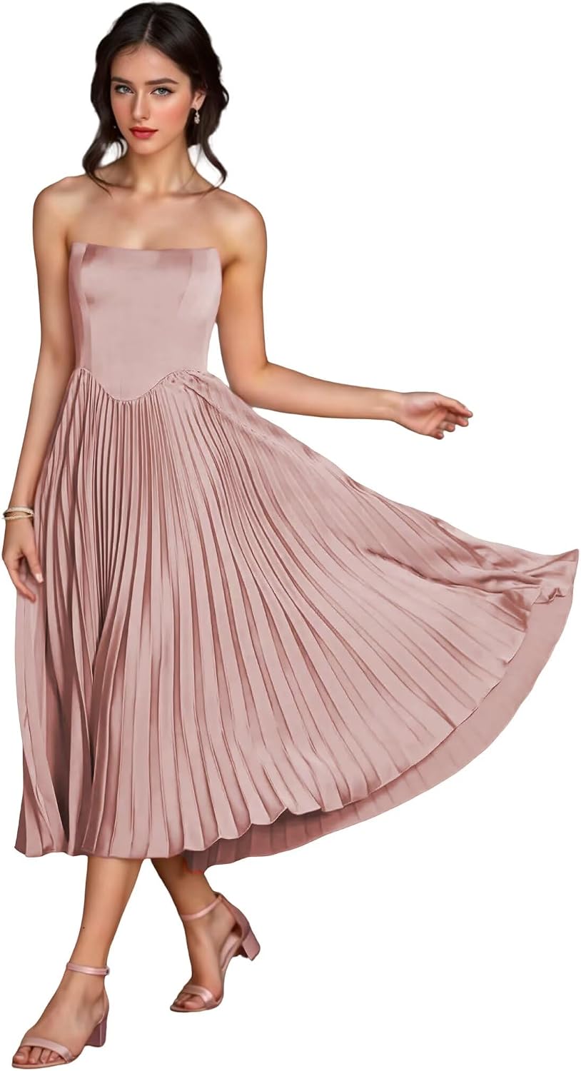Women's Strapless Bridesmaid Dresses for Womens Tea Length Ruffle Satin Formal Prom Dress